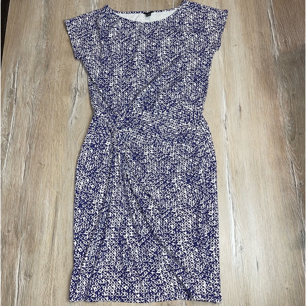 Ann Taylor Women’s Sheath Cap Sleeve Dress White Navy Blue Faux Wrap Size XS